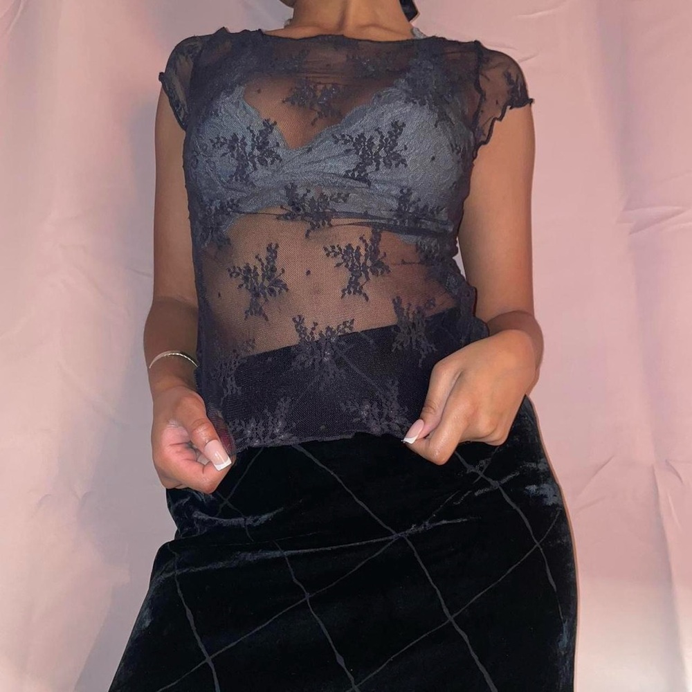 Floral Black Lace Mesh Shirt - Size Small